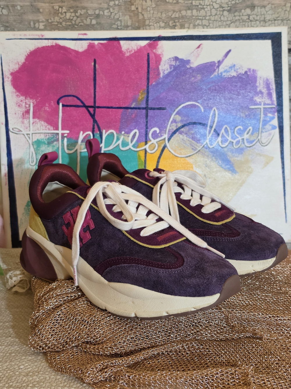 Plum Suede Chunky Sneakers with Cream Laces